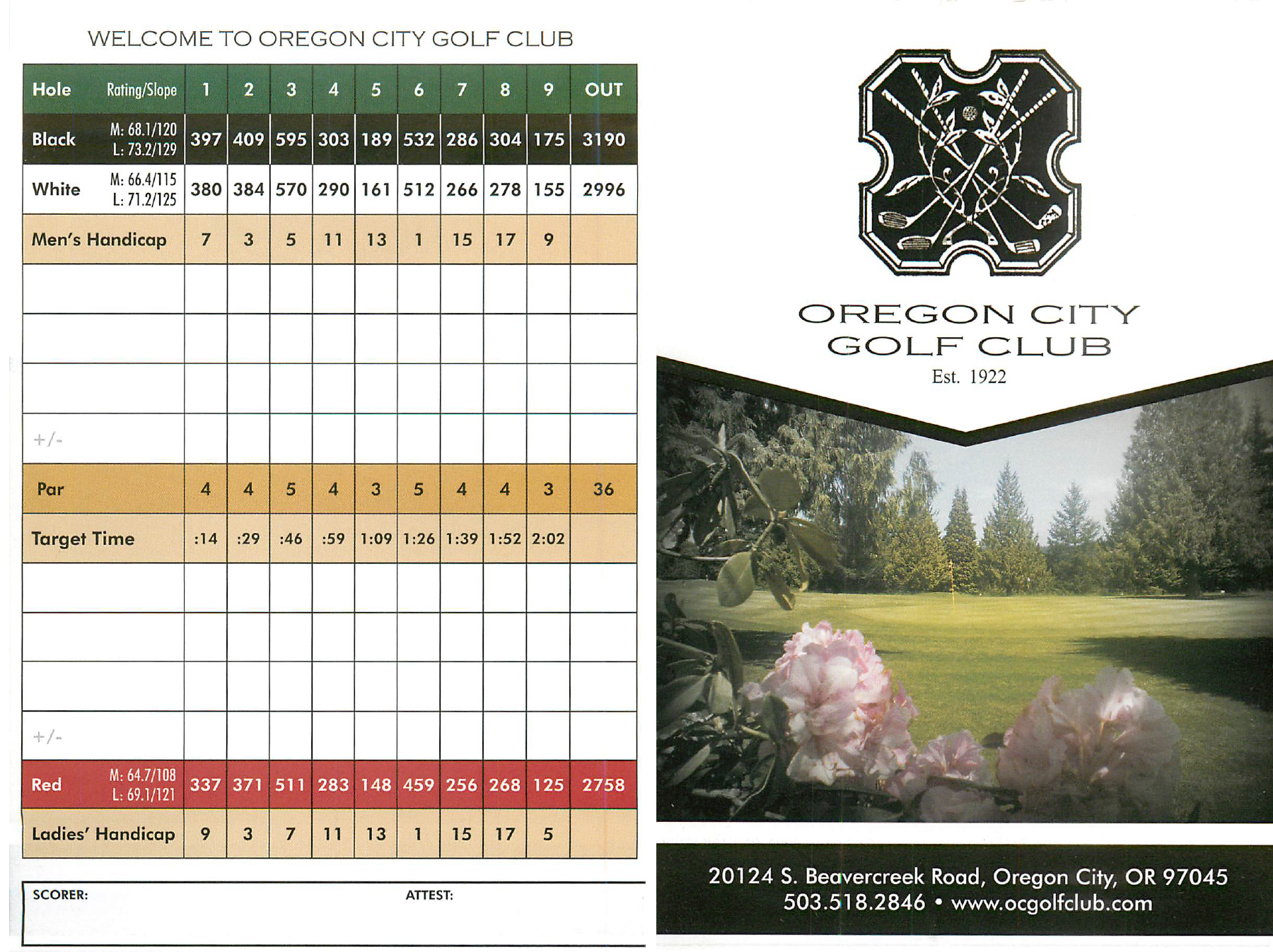 Scorecard Oregon City Golf Club